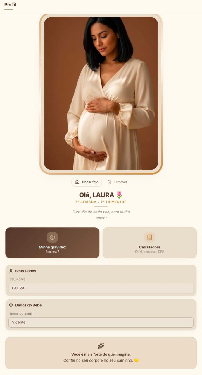 Tela de perfil do aplicativo Mãe Resolvida, com semana da gestação e dados do bebê